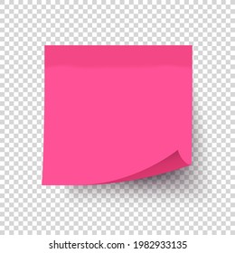 Pink, rose, magenta note paper, sticker,  notepad, sticky note with curled corners and shadows isolated on transparent grey background.