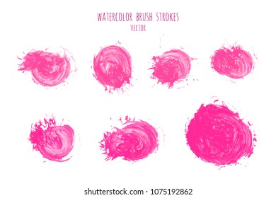 Pink, rose, magenta vector watercolor hand painting dry brush stroke texture kit. Abstract grunge collection. Set of acrylic stains, spots, splashes isolated on white background. Makeup frame design.