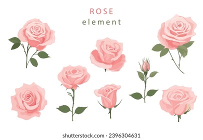 pink rose object element set with leaf.illustration vector for postcard,sticker