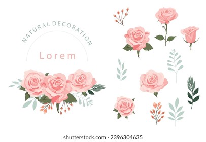 pink rose object element set with leaf.illustration vector for postcard,sticker