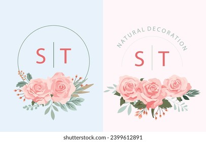 pink rose object element set with leaf.illustration vector for postcard,sticker