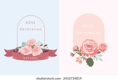 pink rose object element set with leaf.illustration vector for postcard,sticker