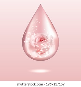 El aceite rosa rosado cae con luces, bombillas y sombras. Arroyo aromático brillante. Signo de aromaterapia. Ilustración vectorial.