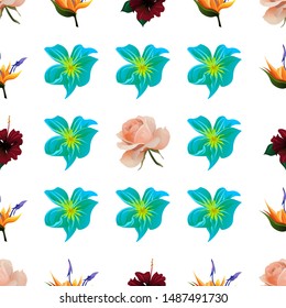 Pink Rose. Orange Strelitzia. Red Rose Mallow. Green Plumeria. Vector illustration. Seamless background pattern. Floral botanical flower. Wild leaf wildflower isolated. Exotic tropical hawaiian.