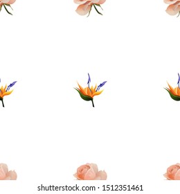 Pink Rose. Orange Strelitzia. Vector illustration. Seamless background pattern. Floral botanical flower. Wild leaf wildflower isolated. Exotic tropical hawaiian jungle. Fabric wallpaper print texture.