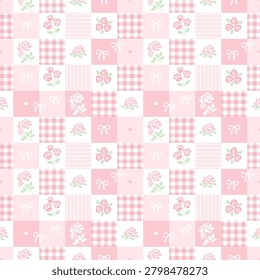 Pink Rose Patchwork Seamless Pattern with Gingham Checks, Stripes and Ribbon Bows for Shabby Chic Design