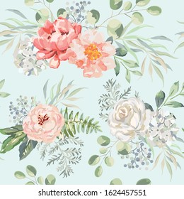 Pink rose, peony, hydrangea flowers with green leaves bouquets, light background. Floral illustration. Vector seamless pattern. Botanical design. Nature summer plants. Romantic wedding