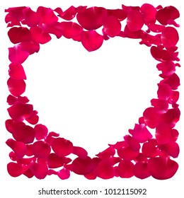 Pink rose petal. Heart shape frame. Valentine s day. Greeting card Vector illustration.