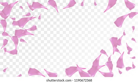 Pink Rose Petals Falling Down. Isolated Vector illustration of Rose Petals. Flying Pink Sakura Blossom Background. Design of Greeting or Invitation Card. 
