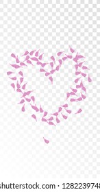Pink Rose Petals Falling Down. Isolated Vector illustration of Rose Petals. Flying Pink Sakura Blossom Background. Design of Greeting or Invitation Card. 
