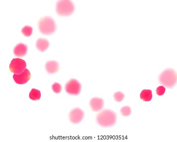 Pink rose petals falling vector valentine background. Magic showering flower blossom parts vector. Crimson rose red pink petals spa background. Wedding invitation or natural cosmetics design.