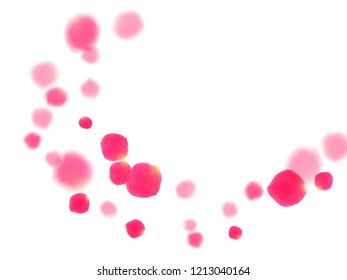 Pink rose petals falling vector valentine background. Detailed showering flower blooming parts vector. Crimson rose red pink petals spa background. Wedding invitation or natural cosmetics design.