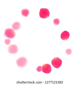 Pink rose petals falling vector valentine background. Airy showering flower blossom parts vector. Crimson rose red pink petals spa background. Anniversary or natural cosmetics design.