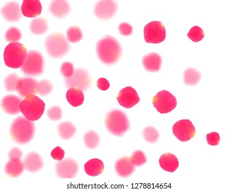 Pink rose petals falling vector valentine background. Chaotic 3d flower parts shower isolated on white. Crimson rose red pink petals spa background. Wedding invitation or natural cosmetics design.