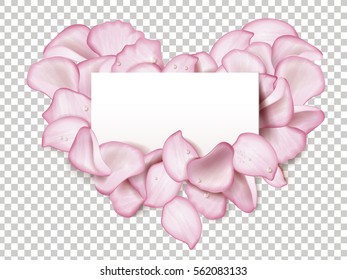 Pink rose petals in heart shape with glitter water drop and blank paper in the middle isolated on transparent background, 3d illustration