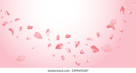 Pink rose petals and pink hearts will fall on abstract floral background. Rose petal greeting card background design.