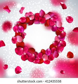 Pink rose petals on gray background, vector illustration Valentine's day with beautiful rose petals. Love backdrop