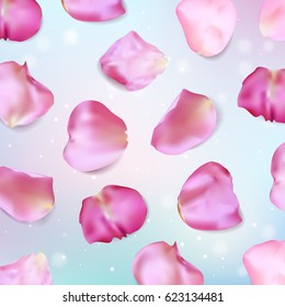 Pink rose petals on light blue background. Realistic vector illustration.