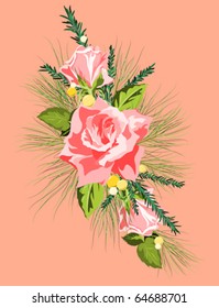 Pink rose with pine, spruce and light gold balls
