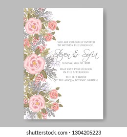 Pink Rose  poinsettia wedding invitation watercolor vector illustration template card - Vector