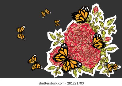pink rose polygon and butterfly vector