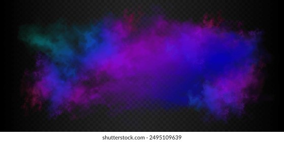 Pink, rose, puirple, violet and blue smoke cloud isolated on dark semi transparent background. Beatiful gradient fog vector illustration.