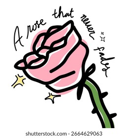 Pink Rose with Quote 'A Rose That Never Fades' – Hand Drawn Doodle Illustration