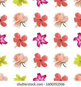 Pink Rose. Red Hibiscus. Pink Adenium. Yellow Orchid. Vector illustration. Seamless background pattern. Floral botanical flower. Wild leaf wildflower isolated. Exotic tropical hawaiian jungle.
