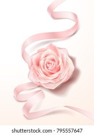 Pink rose and ribbon, romantic decoration for wedding or valentine's day in 3d illustration