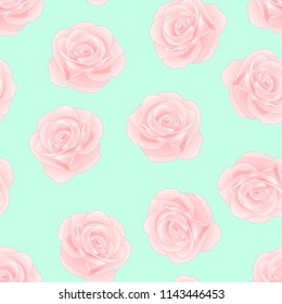 Pink Rose - Rosa on Green Mint Background. Valentine Day. Vector Illustration.