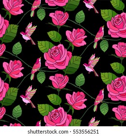 Pink rose seamless pattern with birds.