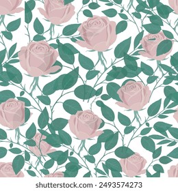 Pink Rose Seamless Pattern | Romantic Rose Floral Design Delicate Repeat | Vintage Pink Rose Floral Wallpaper Elegant Rose and Green Seamless Pattern Soft Pastel Floral Background