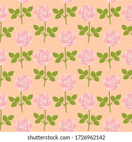 Pink rose seamless pattern. Vintage pastel flower on simple coloured background. Flat design. Botanical illustration.