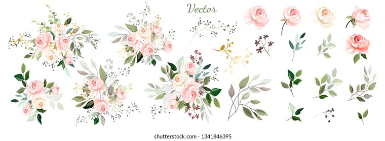 Pink rose. Set: floral arrangements of roses, leaves, branches and design elements, flowers, roses, twigs.