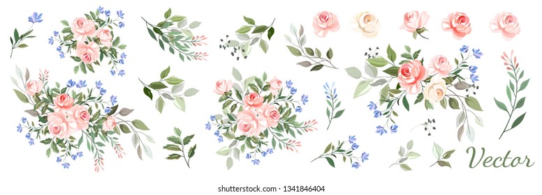 Pink rose. Set: floral arrangements of roses, leaves, branches and design elements, flowers, roses, twigs.