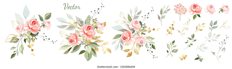 Pink rose. Set: floral arrangements of roses, leaves, branches and design elements, flowers, roses, twigs.