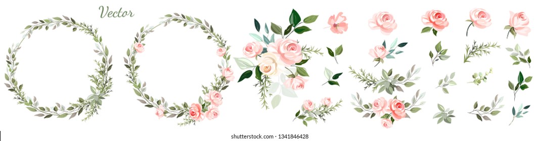 Pink rose. Set: wreaths, floral arrangements of roses, leaves, branches and design elements, flowers,roses, twigs.