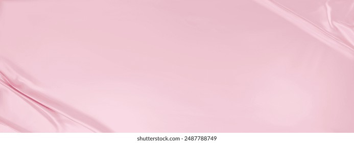 Pink rose silk satin luxury background. Light pale pink elegant background with space for design. Draped fabric Flat lay, Template, cover, header, Wide banner. panoramic view. 3D vector illustration.