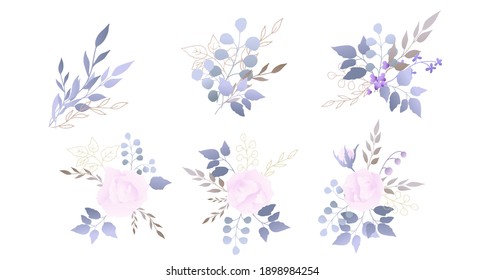 Pink rose with silver dollar tree leaves. Flower set. Vector illustration.