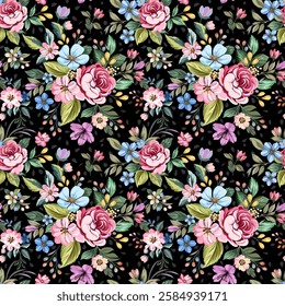 pink rose With small blue and light purple flowers, vintage style, hand drawn, seamless on a black background. Designed for fabric, fashion, textiles, wallpaper, gift wrap.