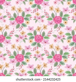 Pink rose and small flowers seamless pattern for fabric  textile  wallpaper.