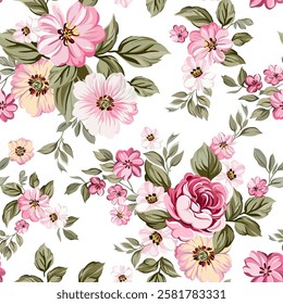 pink rose With small flowers in sweet pink tones, vintage style, hand drawn, seamless, on a light, romantic background. Designed for fabric, fashion, textiles, wallpaper, gift wrap.