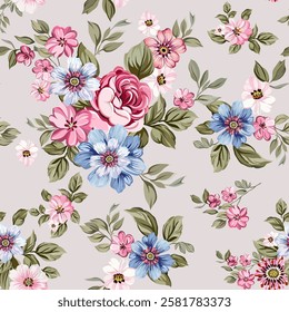 pink rose With small flowers in sweet blue tones, vintage style, hand drawn, seamless, on a light, romantic background. Designed for fabric, fashion, textiles, wallpaper, gift wrap.