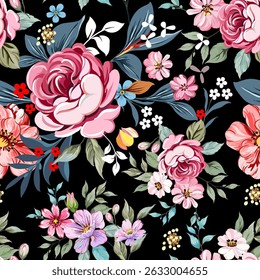 Pink Rose, small flowers in sweet pink tones, vintage style, hand drawn, seamless, on a black background, designed for fabric, fashion, textiles, wallpaper, gift wrapping.