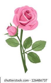 Pink rose with stem isolated on white. Vector illustration.