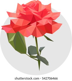 Pink rose in the style of the polygon. Fashion illustration of the trend in style on gray background. Gentle illustration flower with leaves.