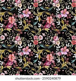 pink rose and sweet flowers Mixed with beautiful Louis pattern, gold color, luxurious, vintage style. Seamless hand drawn on black background. Designed for fabric, fashion, textiles, wallpaper, 