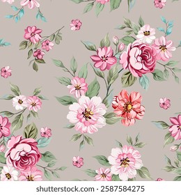 pink rose Sweet and romantic, vintage style, hand drawn, seamless, on a light gray background. Designed for fabric, fashion, textiles, wallpaper, gift wrap.