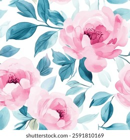 Pink rose and teal floral watercolor pattern on a white background,  watercolor flower seamless pattern. Watercolor print in rustic vintage style, textile or wallpapers.