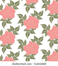 pink rose with three green branches on white background-seamless